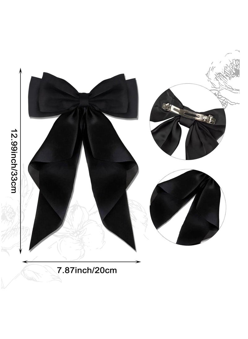 KHAJUL 2 PCS Big Bow Hair Clips with Long Silky Satin, Solid Color French Barrette, Simple Hair Fastener Accessories for Women Girls (Black/Green) - Image 2