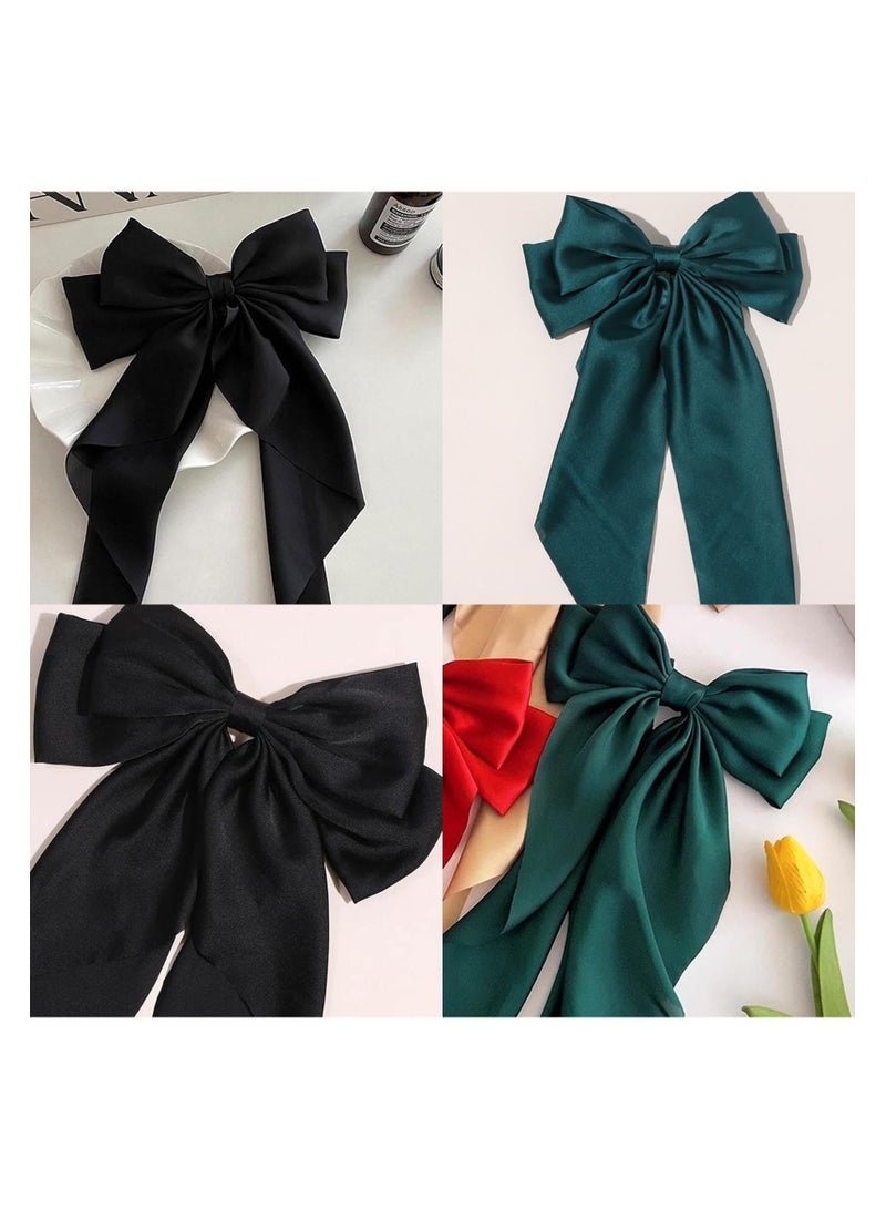 KHAJUL 2 PCS Big Bow Hair Clips with Long Silky Satin, Solid Color French Barrette, Simple Hair Fastener Accessories for Women Girls (Black/Green) - Image 3