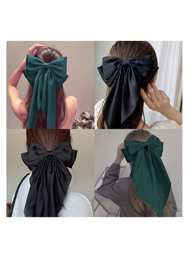 KHAJUL 2 PCS Big Bow Hair Clips with Long Silky Satin, Solid Color French Barrette, Simple Hair Fastener Accessories for Women Girls (Black/Green) - Image 4