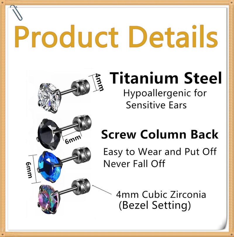Hopply 4 Pairs Titanium Screw Back Surgical Stainless Steel Earrings for Women Men,Rainbow 5A Cubic Zirconia Studs Double Side Earrings Piercing Sleeper Jewelry 6mm - Image 2