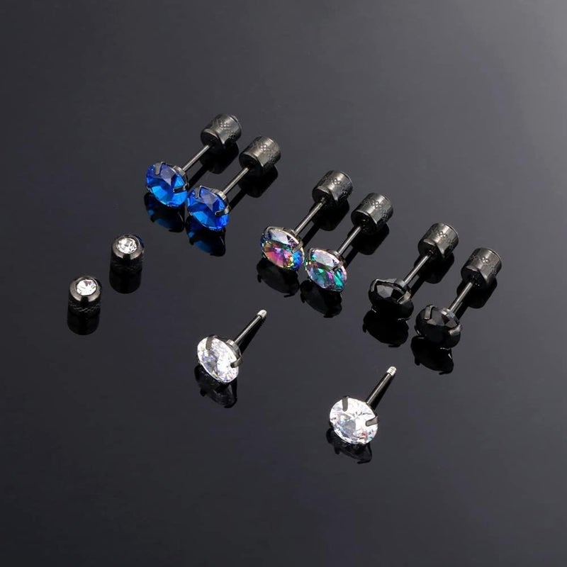 Hopply 4 Pairs Titanium Screw Back Surgical Stainless Steel Earrings for Women Men,Rainbow 5A Cubic Zirconia Studs Double Side Earrings Piercing Sleeper Jewelry 6mm - Image 5