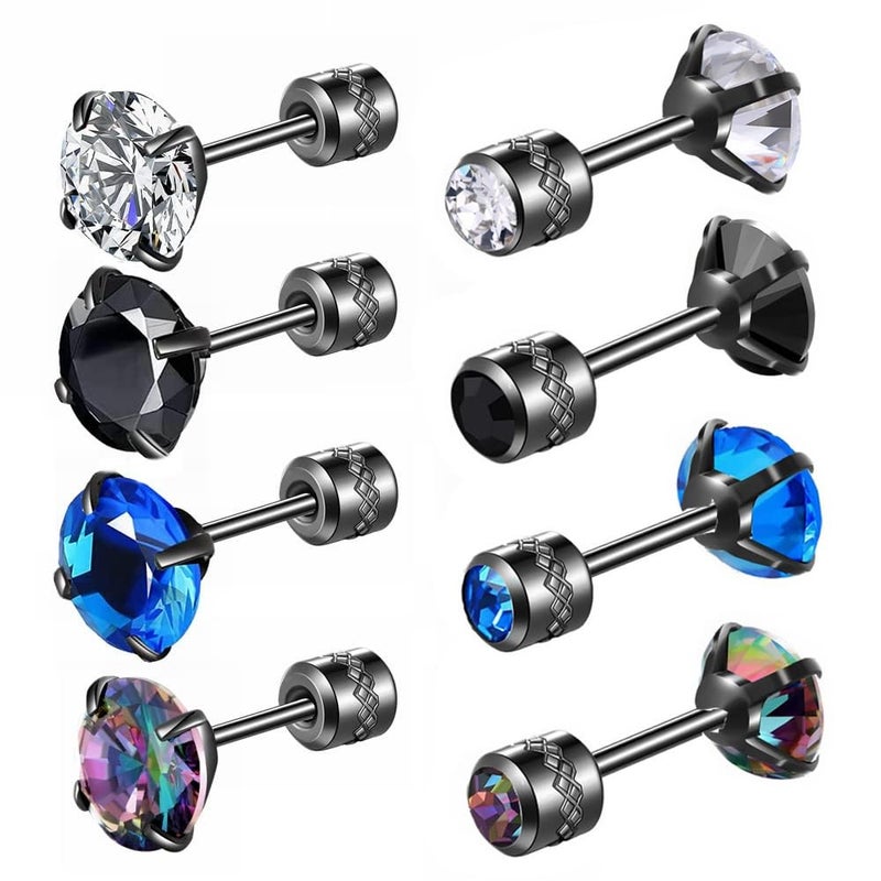 Hopply 4 Pairs Titanium Screw Back Surgical Stainless Steel Earrings for Women Men,Rainbow 5A Cubic Zirconia Studs Double Side Earrings Piercing Sleeper Jewelry 6mm - Image 1