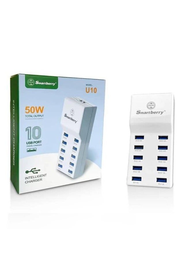 Smartberry 50W U10 USB Wall Adapter – Intelligent 10-Port Charging Station with Rapid Charging, Auto-Detect Technology, and Safety Assurance – Family-Sized Smart USB Ports for Smartphones, Tablets, Laptops, and More - Image 1
