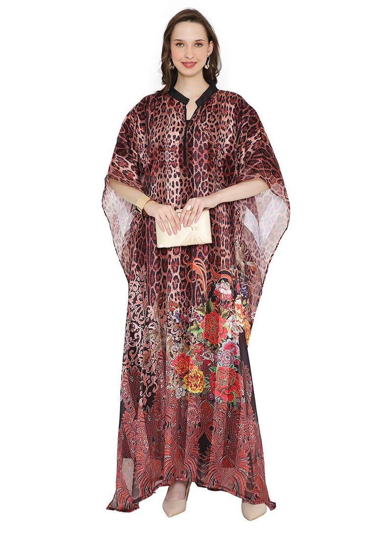 HANA & SARA ELEGANT SATIN SILK STRIPE ANIMAL PRINTED FARASHA KAFTAN JALABIYA WITH HIGH NECK COLLAR  - Image 1