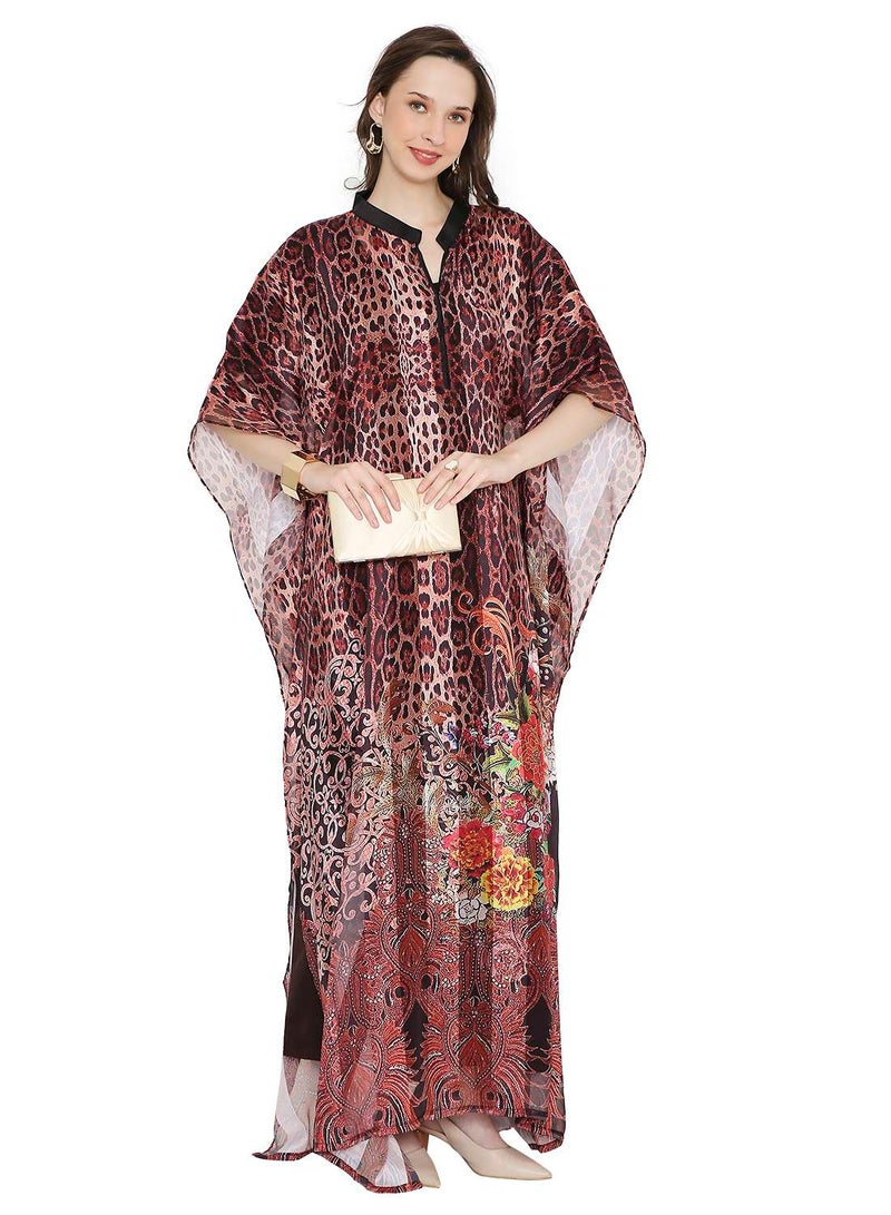 HANA & SARA ELEGANT SATIN SILK STRIPE ANIMAL PRINTED FARASHA KAFTAN JALABIYA WITH HIGH NECK COLLAR  - Image 5