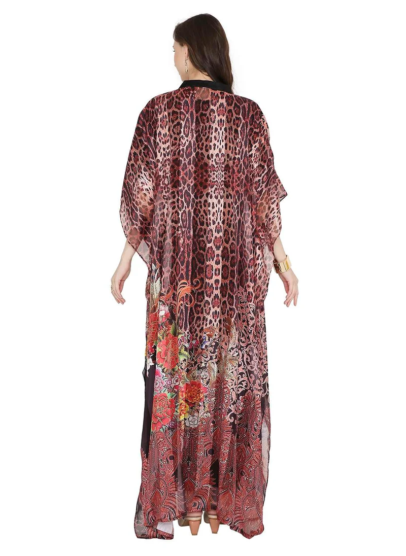 HANA & SARA ELEGANT SATIN SILK STRIPE ANIMAL PRINTED FARASHA KAFTAN JALABIYA WITH HIGH NECK COLLAR