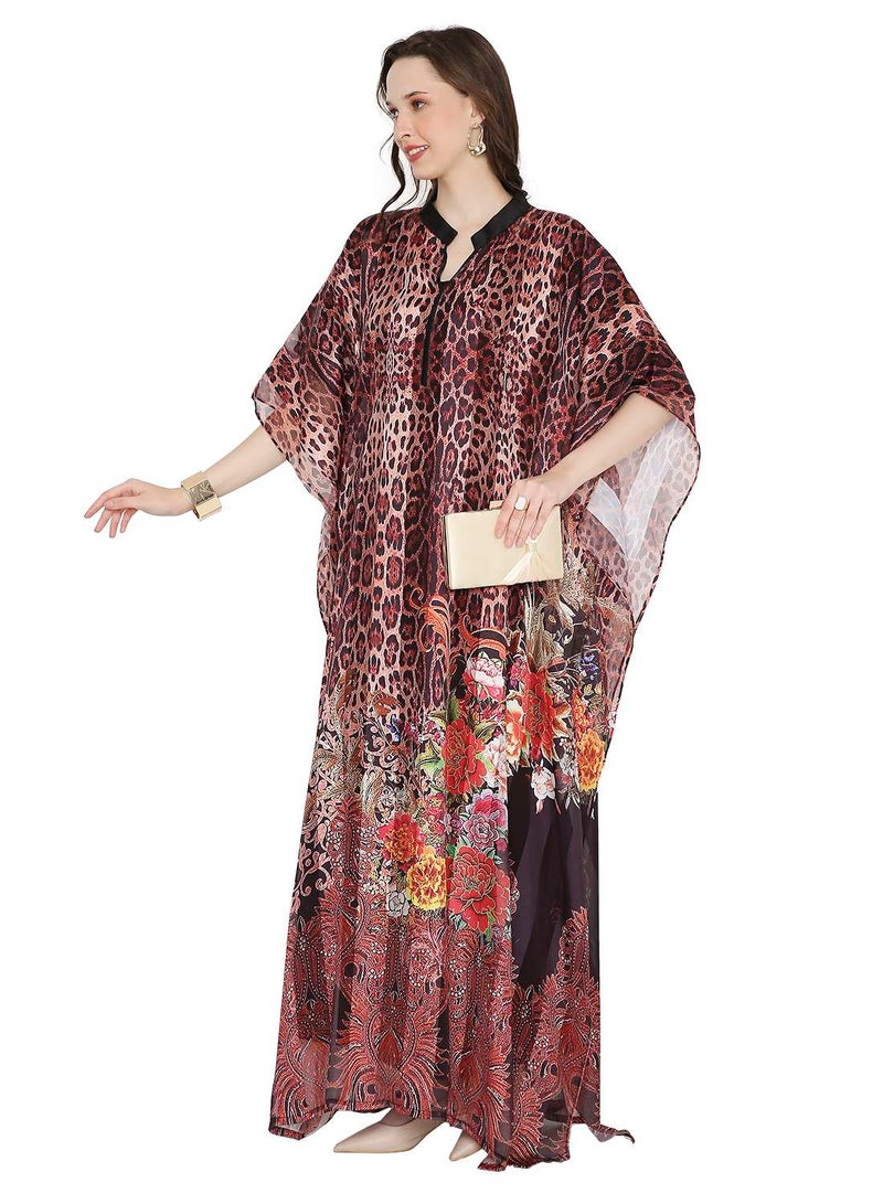 HANA & SARA ELEGANT SATIN SILK STRIPE ANIMAL PRINTED FARASHA KAFTAN JALABIYA WITH HIGH NECK COLLAR  - Image 4
