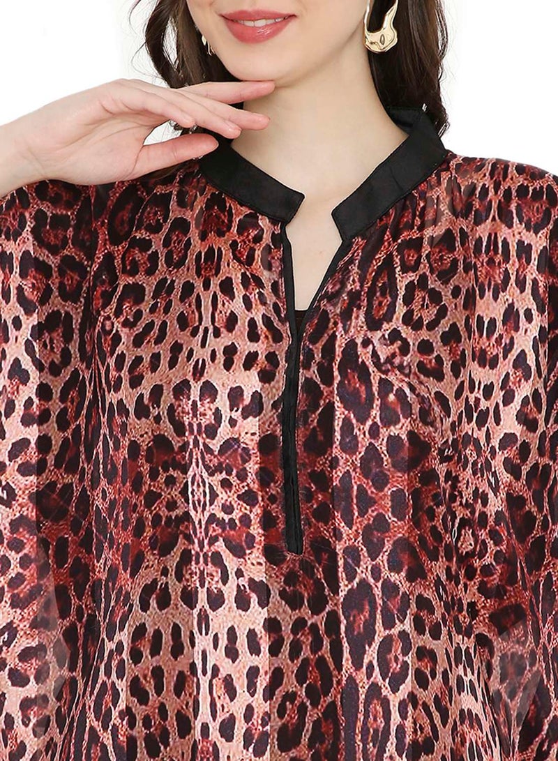 HANA & SARA ELEGANT SATIN SILK STRIPE ANIMAL PRINTED FARASHA KAFTAN JALABIYA WITH HIGH NECK COLLAR  - Image 3