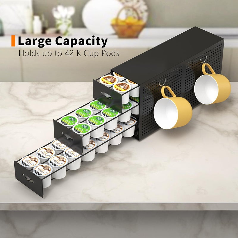 SICHEER Coffee Pod Drawer Holder, 42 Pods Large Capacity, 3 Tier Holder for K Cup Pods, Coffee Pod Organizer for Countertop, Storage Rack for K Cup Pods, Space Saving, (Only Pod Drawer and 2 Hooks) - Image 5