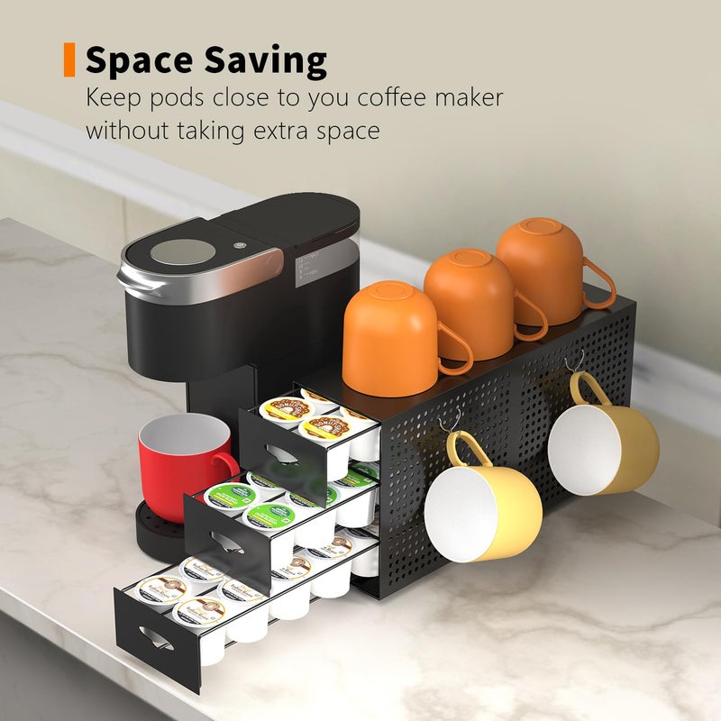 SICHEER Coffee Pod Drawer Holder, 42 Pods Large Capacity, 3 Tier Holder for K Cup Pods, Coffee Pod Organizer for Countertop, Storage Rack for K Cup Pods, Space Saving, (Only Pod Drawer and 2 Hooks) - Image 4