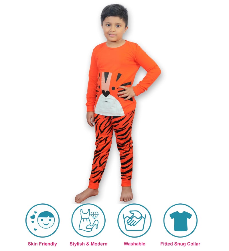 Hestia | Kids Boys Night Suit | Sleepwear | Cotton | Set Of 1|Elasticated Waist | Bottom Pyjama Tshirts | Tiger Printed | Orange | 2-4Yrs - Image 2
