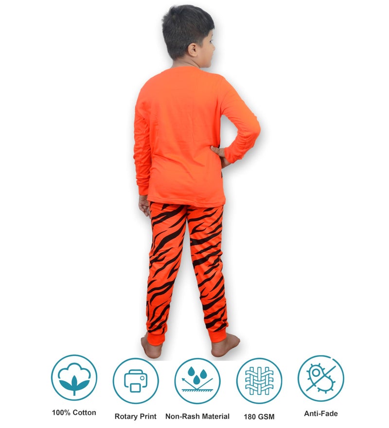 Hestia | Kids Boys Night Suit | Sleepwear | Cotton | Set Of 1|Elasticated Waist | Bottom Pyjama Tshirts | Tiger Printed | Orange | 2-4Yrs - Image 5