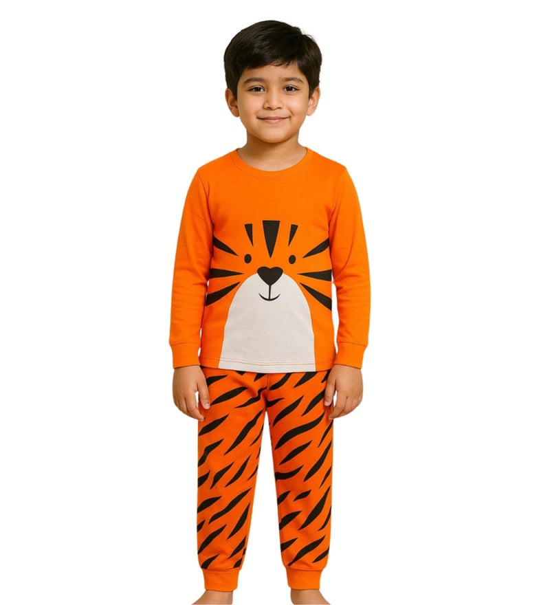 Hestia | Kids Boys Night Suit | Sleepwear | Cotton | Set Of 1|Elasticated Waist | Bottom Pyjama Tshirts | Tiger Printed | Orange | 2-4Yrs - Image 1
