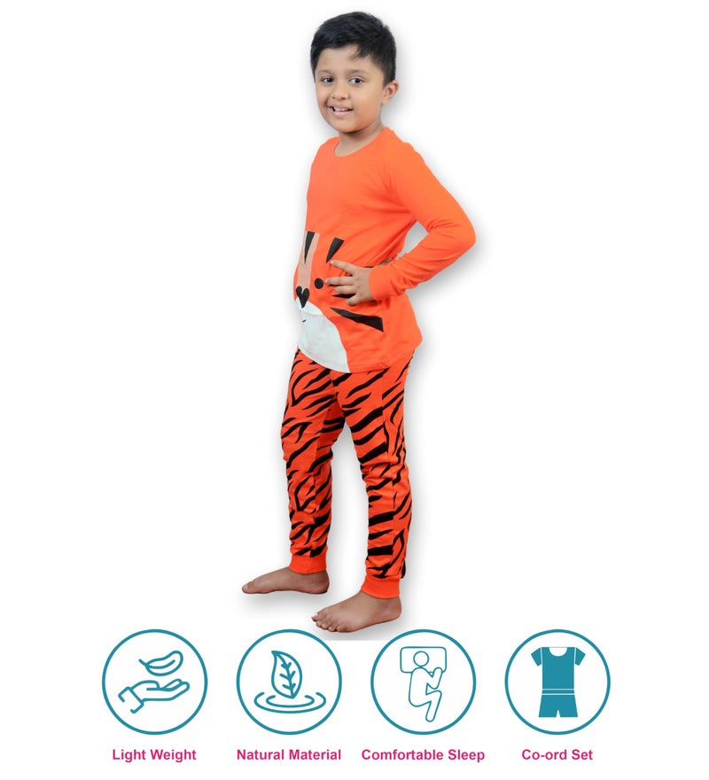 Hestia | Kids Boys Night Suit | Sleepwear | Cotton | Set Of 1|Elasticated Waist | Bottom Pyjama Tshirts | Tiger Printed | Orange | 2-4Yrs - Image 3