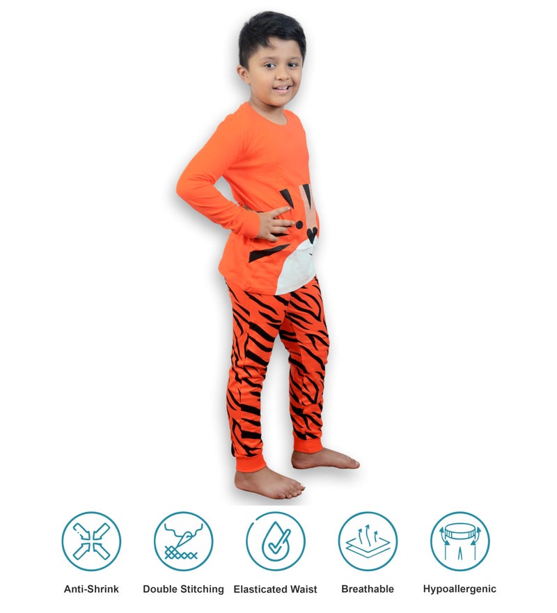 Hestia | Kids Boys Night Suit | Sleepwear | Cotton | Set Of 1|Elasticated Waist | Bottom Pyjama Tshirts | Tiger Printed | Orange | 2-4Yrs - Image 4