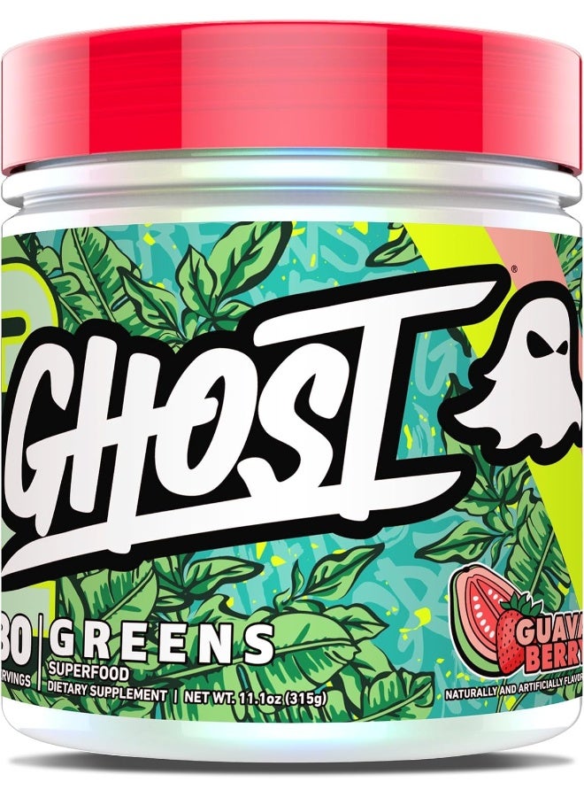 GHOST Greens Superfood Powder- 30 Servings - 19 Super Greens & Reds, Fruits, Vegetables, Spirulina, & Chlorella, Prebiotics, 10 Billion CFU Probiotic & Digestive Enzymes (30 srv, Guava Berry) - Image 1