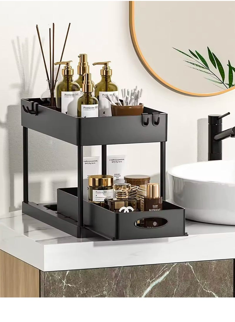 Generic 2pcs Storage Racks Pull-Type Double-Layer Kitchen Storage Rack,Double Sliding Under Bathroom Cabinet Organization, Kitchen Storage with Hooks,Black(39*21.6*29 cm)  - Image 2