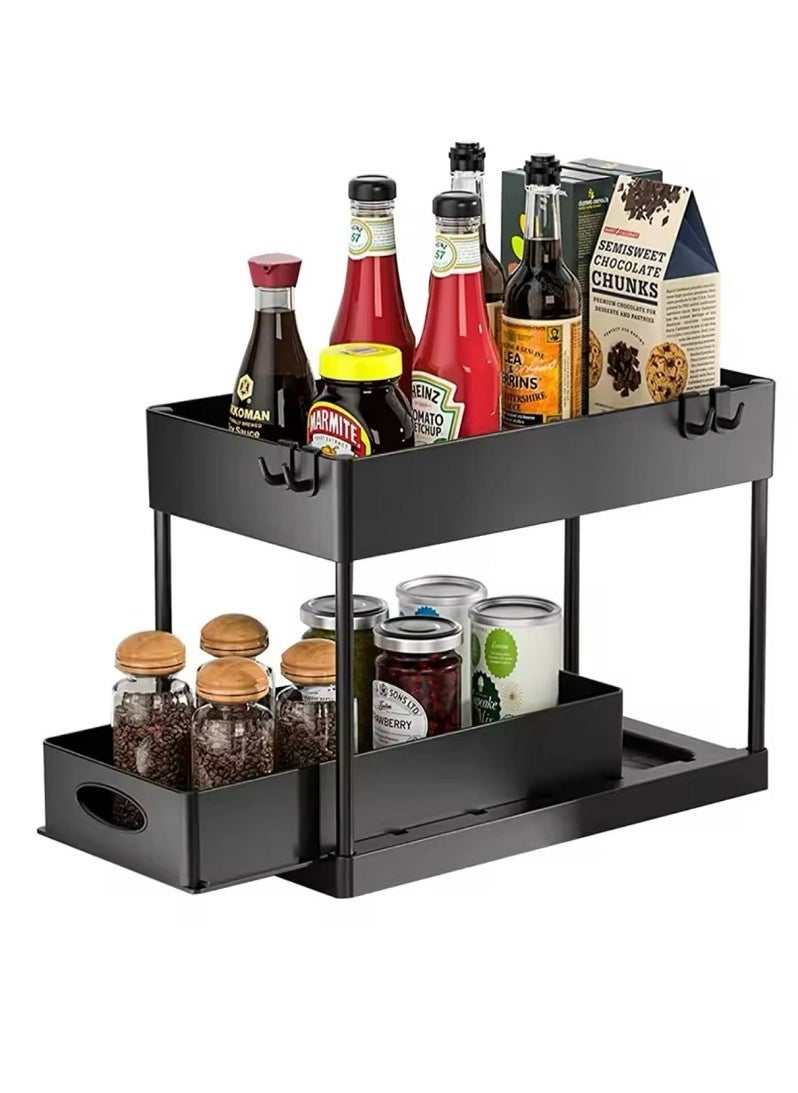 Generic 2pcs Storage Racks Pull-Type Double-Layer Kitchen Storage Rack,Double Sliding Under Bathroom Cabinet Organization, Kitchen Storage with Hooks,Black(39*21.6*29 cm)  - Image 3