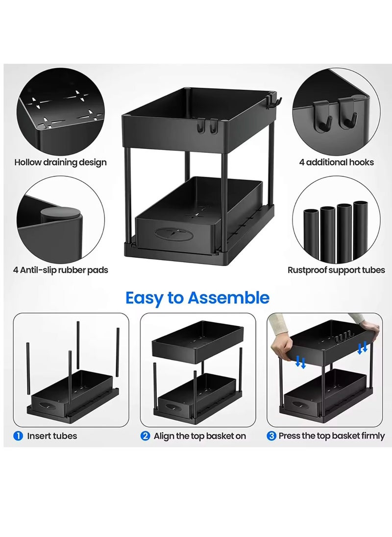 Generic 2pcs Storage Racks Pull-Type Double-Layer Kitchen Storage Rack,Double Sliding Under Bathroom Cabinet Organization, Kitchen Storage with Hooks,Black(39*21.6*29 cm)  - Image 5