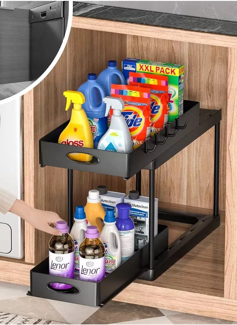 Generic 2pcs Storage Racks Pull-Type Double-Layer Kitchen Storage Rack,Double Sliding Under Bathroom Cabinet Organization, Kitchen Storage with Hooks,Black(39*21.6*29 cm)  - Image 4