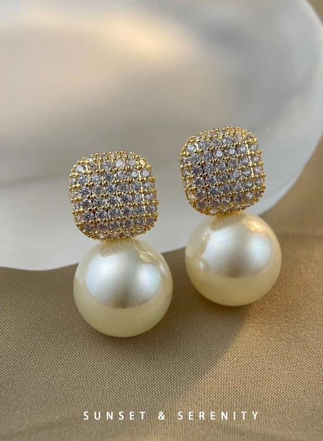Take Two  Golden Pave Crystal And Pearl Drop Earrings for Women | Best Price UAE