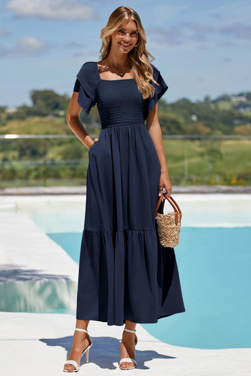 MASCOMODA Womens Summer Casual Midi Dress Square Neck Ruffle Short Sleeve Smocked High Waist A Line Wedding Guest Dresses(Navy,Medium) - Image 4
