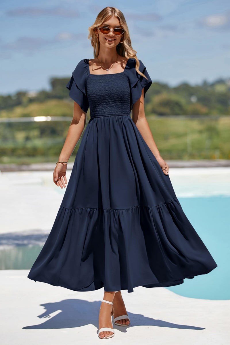 MASCOMODA Womens Summer Casual Midi Dress Square Neck Ruffle Short Sleeve Smocked High Waist A Line Wedding Guest Dresses(Navy,Medium) - Image 5