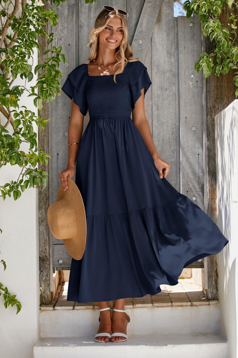 MASCOMODA Womens Summer Casual Midi Dress Square Neck Ruffle Short Sleeve Smocked High Waist A Line Wedding Guest Dresses(Navy,Medium) - Image 2