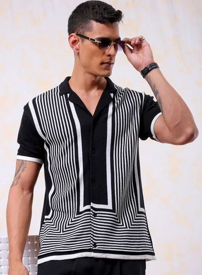 The Indian Garage Co Men Relaxed Fit Striped Half Sleeves Cuban Collar Resort Wear Shirt