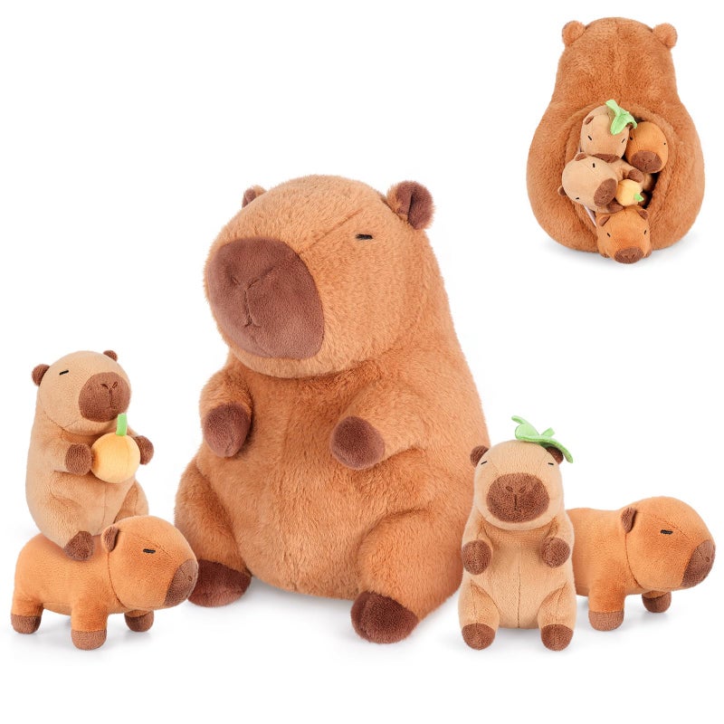 SuzziPals 5-in-1 Sitting Capybara Stuffed Animals with Babies Inside, 5PCS Set Capybara Plush with Mommy & 4 Babie, Soft Pillow Decor, Cute 3 to 8 Year Old Girl Gifts, Imaginative Play Toy(Capibara) - Image 1