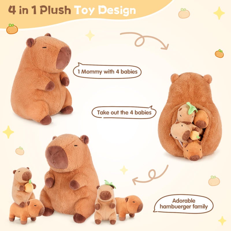SuzziPals 5-in-1 Sitting Capybara Stuffed Animals with Babies Inside, 5PCS Set Capybara Plush with Mommy & 4 Babie, Soft Pillow Decor, Cute 3 to 8 Year Old Girl Gifts, Imaginative Play Toy(Capibara) - Image 4