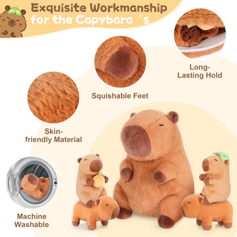 SuzziPals 5-in-1 Sitting Capybara Stuffed Animals with Babies Inside, 5PCS Set Capybara Plush with Mommy & 4 Babie, Soft Pillow Decor, Cute 3 to 8 Year Old Girl Gifts, Imaginative Play Toy(Capibara) - Image 3