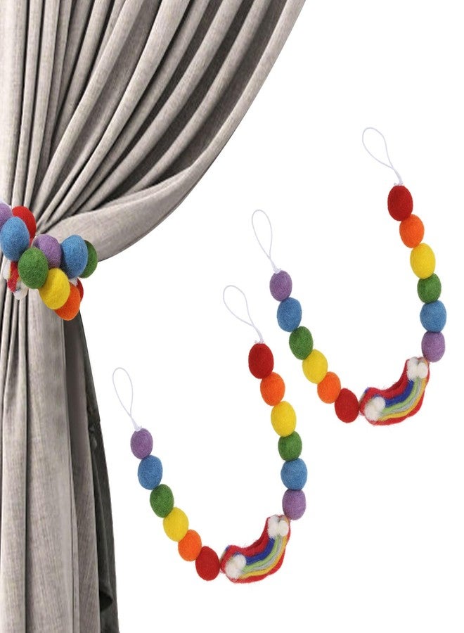 CHGCRAFT 2pcs Rainbow Curtain Tie Backs Felt Ball Curtain Ties Wool Round Ball Beaded Braided Curtain Tiebacks Curtain with Cotton Cord for Curtains Drape Decorative Tie Backs, Rainbow, 17.3inch - Image 1