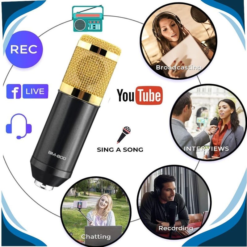 TechBlaze BM800 Condenser Microphone Set with Shock Mount 3.5mm XLR Cable Windproof Cotton & U Shape Audio Splitter for starmaker, Smuel Singing Studio Recording, YouTube (BM 800 Black) - Image 3