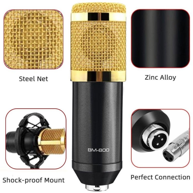TechBlaze BM800 Condenser Microphone Set with Shock Mount 3.5mm XLR Cable Windproof Cotton & U Shape Audio Splitter for starmaker, Smuel Singing Studio Recording, YouTube (BM 800 Black) - Image 2