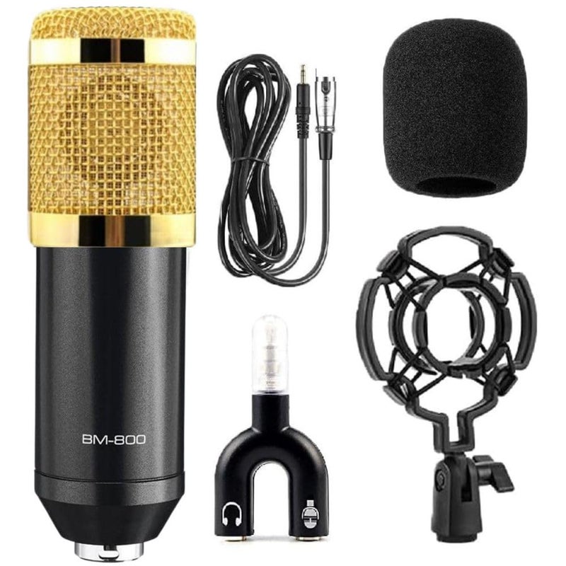 TechBlaze BM800 Condenser Microphone Set with Shock Mount 3.5mm XLR Cable Windproof Cotton & U Shape Audio Splitter for starmaker, Smuel Singing Studio Recording, YouTube (BM 800 Black) - Image 1
