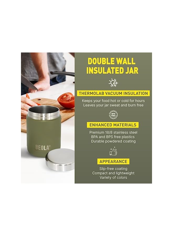 BEOLA علبة طعام معزولة بجدار مزدوج من الفولاذ المقاوم للصدأ مع حافظة طعام للسفر للأطفال والكبار سعة 15 أونصة (أخضر غامق) - Image 3