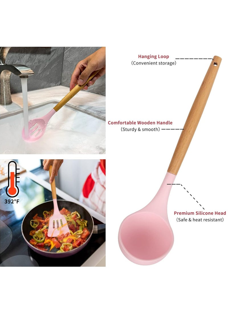 RollsTimi  12-Piece Barreled Cooking Utensils Set With Wooden Handle Pink  - Image 5