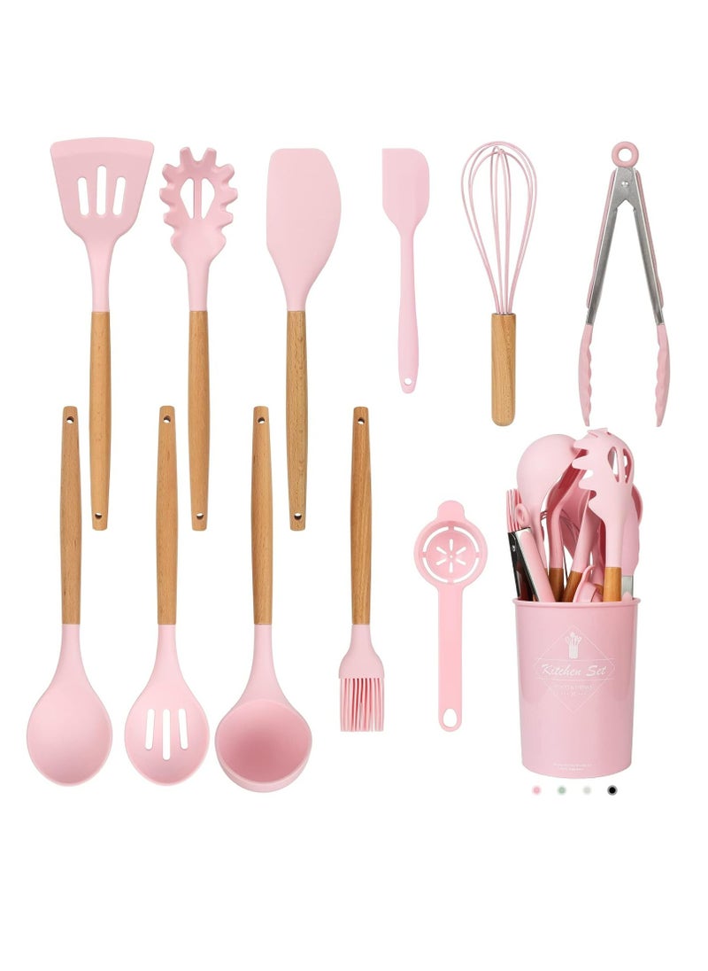 RollsTimi  12-Piece Barreled Cooking Utensils Set With Wooden Handle Pink  - Image 1