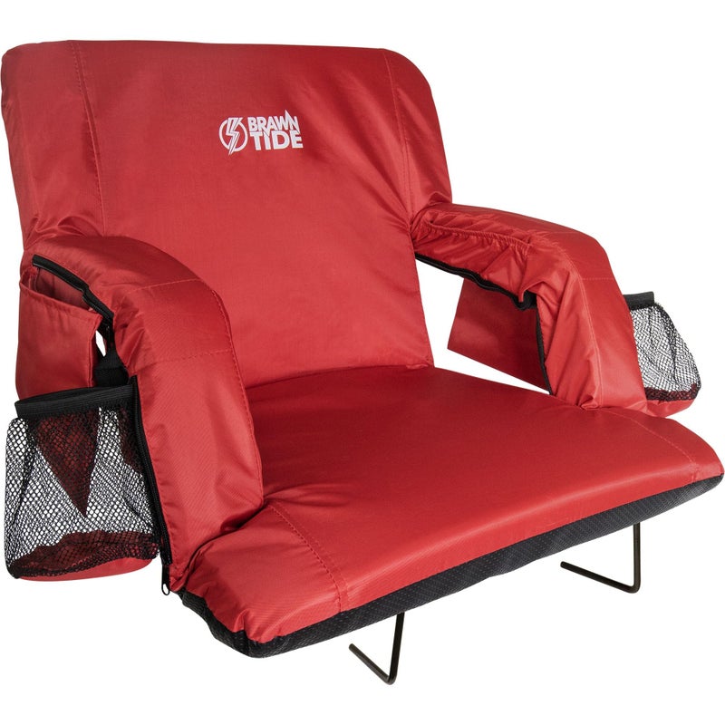 BRAWNTIDE Stadium Seat with Back Support - Comfy Cushion, Thick Padding, 2 Bleacher Hooks, 4 Pockets, Arm Rests, Ideal Stadium Chair for Bleachers, Sport Events, Concerts (Red, Regular Size)