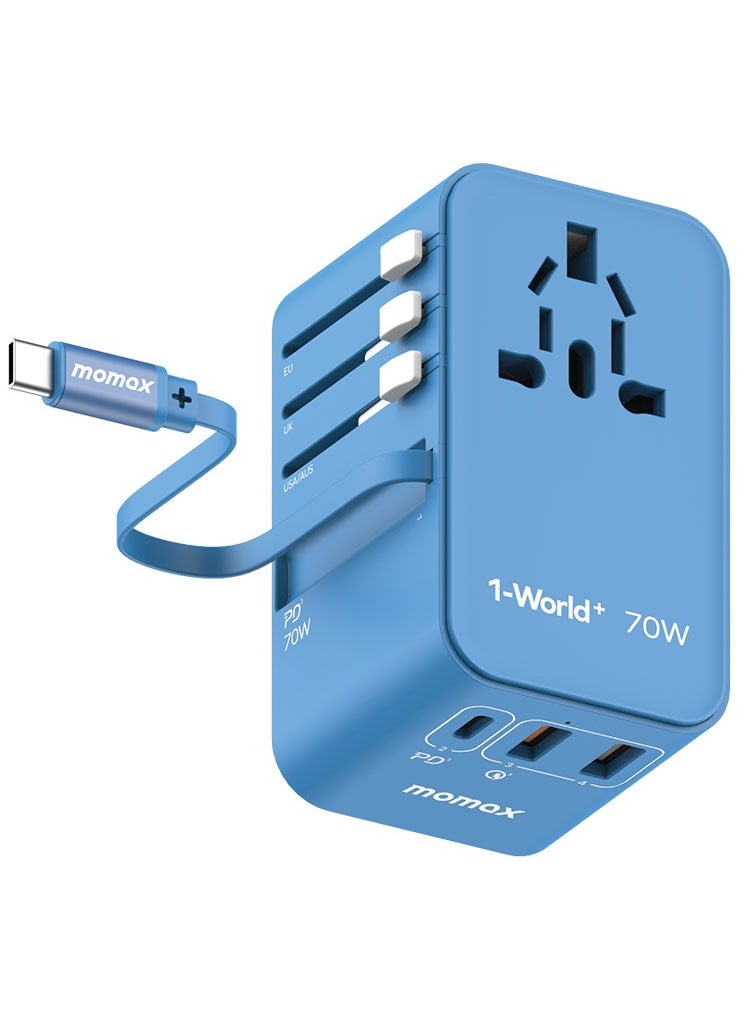 Momax Momax UA18 1-World 70W GaN 3 Ports + Multi Plug Travel Adapter Multi Volt 100-250V USB-C / USB-A with Retractable USB-C Cable - Blue  - Image 1