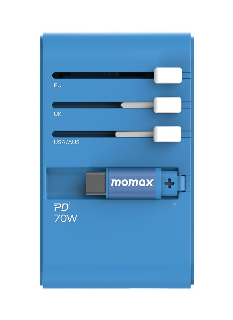 Momax Momax UA18 1-World 70W GaN 3 Ports + Multi Plug Travel Adapter Multi Volt 100-250V USB-C / USB-A with Retractable USB-C Cable - Blue  - Image 2