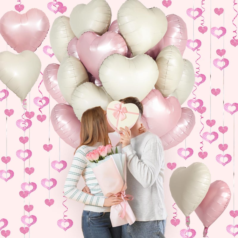 Douvelue Pink White Heart Balloons, 24Pcs 18Inch Baby Pink Cream White Foil Shaped Love Balloons and 50Pcs Hanging Streamer for Valentine's Day Decorations, Birthday, Wedding Party - Image 3