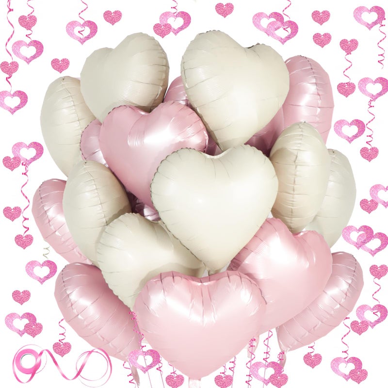 Douvelue Pink White Heart Balloons, 24Pcs 18Inch Baby Pink Cream White Foil Shaped Love Balloons and 50Pcs Hanging Streamer for Valentine's Day Decorations, Birthday, Wedding Party - Image 1