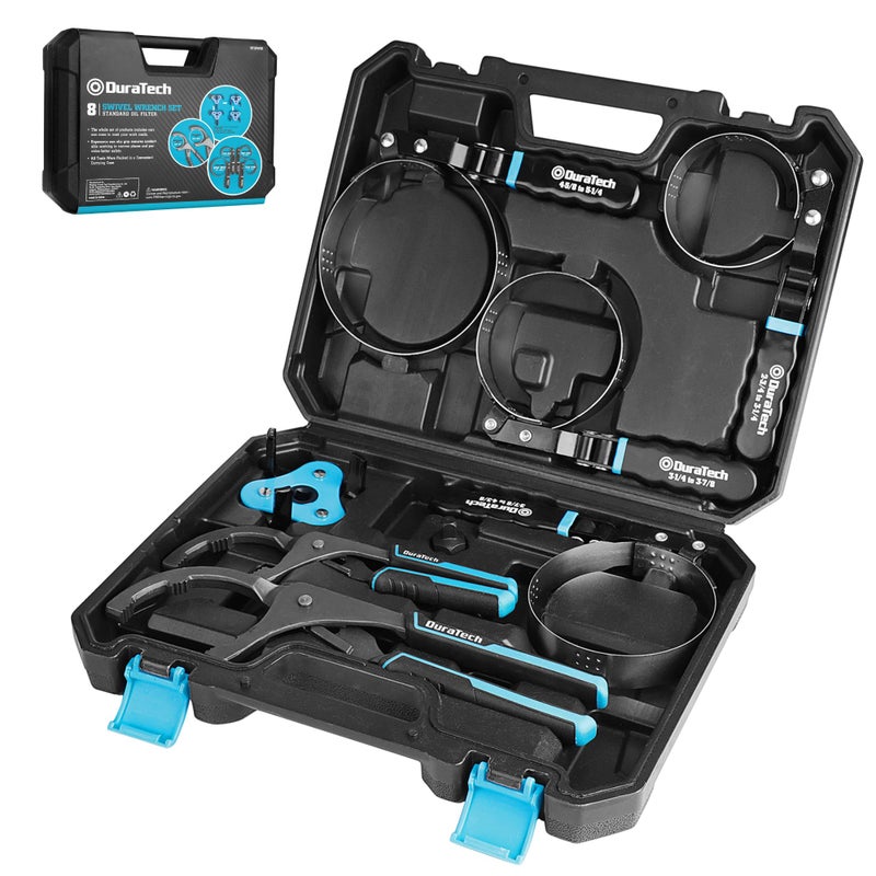 DURATECH 8-Piece Oil Filter Swivel Wrench Set, Wrenches Cover 2-3/4" to 5-1/4", 9" & 12" Adjustable Oil Filter Pliers, Universal 3-Jaw Removal Tool with 1/2" to 3/8" Adapter, Organized in Storage Case - Image 1