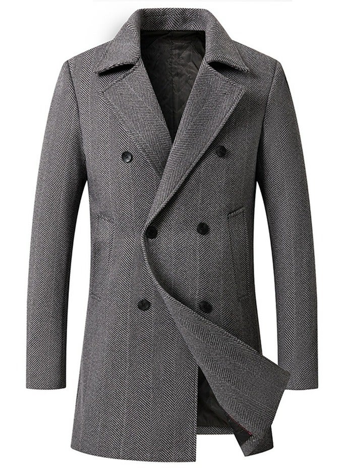 Loquat Mens Trench Coat Wool Blend Top Pea Coat Winter Long Double Breasted Classic Stylish Business Overcoat Grey 