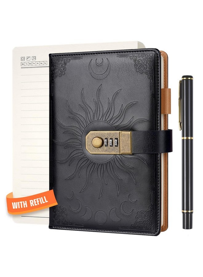 نيكبرو دفتر يوميات A5 مع قفل، 300 جرام لكل متر مربع، 300+300 صفحة مع قفل، مجموعة دفتر ملاحظات بكلمة مرور مع قلم ودفتر ملاحظات قابل لإعادة التعبئة - مثالي للرجال والنساء الذين يكتبون الملاحظات - غلاف مقوى من الجلد الأسود مقاس 8.5 × 5.9 بوصة - Image 1