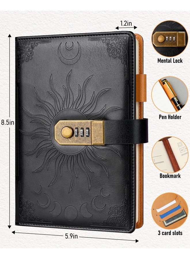 نيكبرو دفتر يوميات A5 مع قفل، 300 جرام لكل متر مربع، 300+300 صفحة مع قفل، مجموعة دفتر ملاحظات بكلمة مرور مع قلم ودفتر ملاحظات قابل لإعادة التعبئة - مثالي للرجال والنساء الذين يكتبون الملاحظات - غلاف مقوى من الجلد الأسود مقاس 8.5 × 5.9 بوصة - Image 3