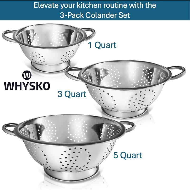 Whysko 3 Pack Stainless Steel Colanders with Handles - 5 Qt, 3 Qt, 1 Qt - Durable Colander for Kitchen Strainers and Colanders Set - Ideal Metal Colander for Pasta, Vegetables, Food Prep - Image 2