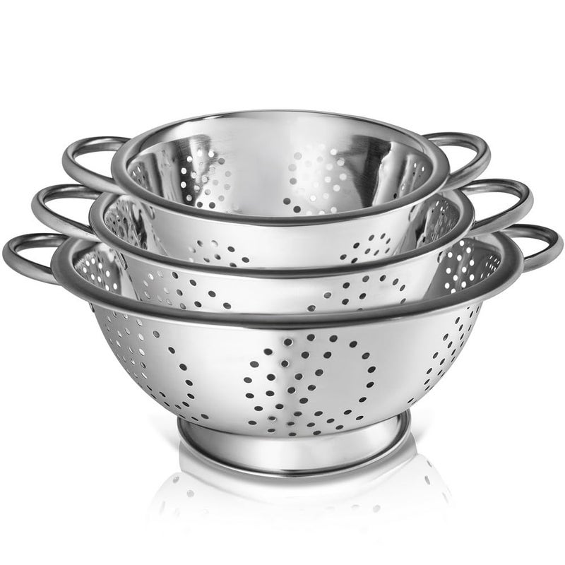 Whysko 3 Pack Stainless Steel Colanders with Handles - 5 Qt, 3 Qt, 1 Qt - Durable Colander for Kitchen Strainers and Colanders Set - Ideal Metal Colander for Pasta, Vegetables, Food Prep - Image 1